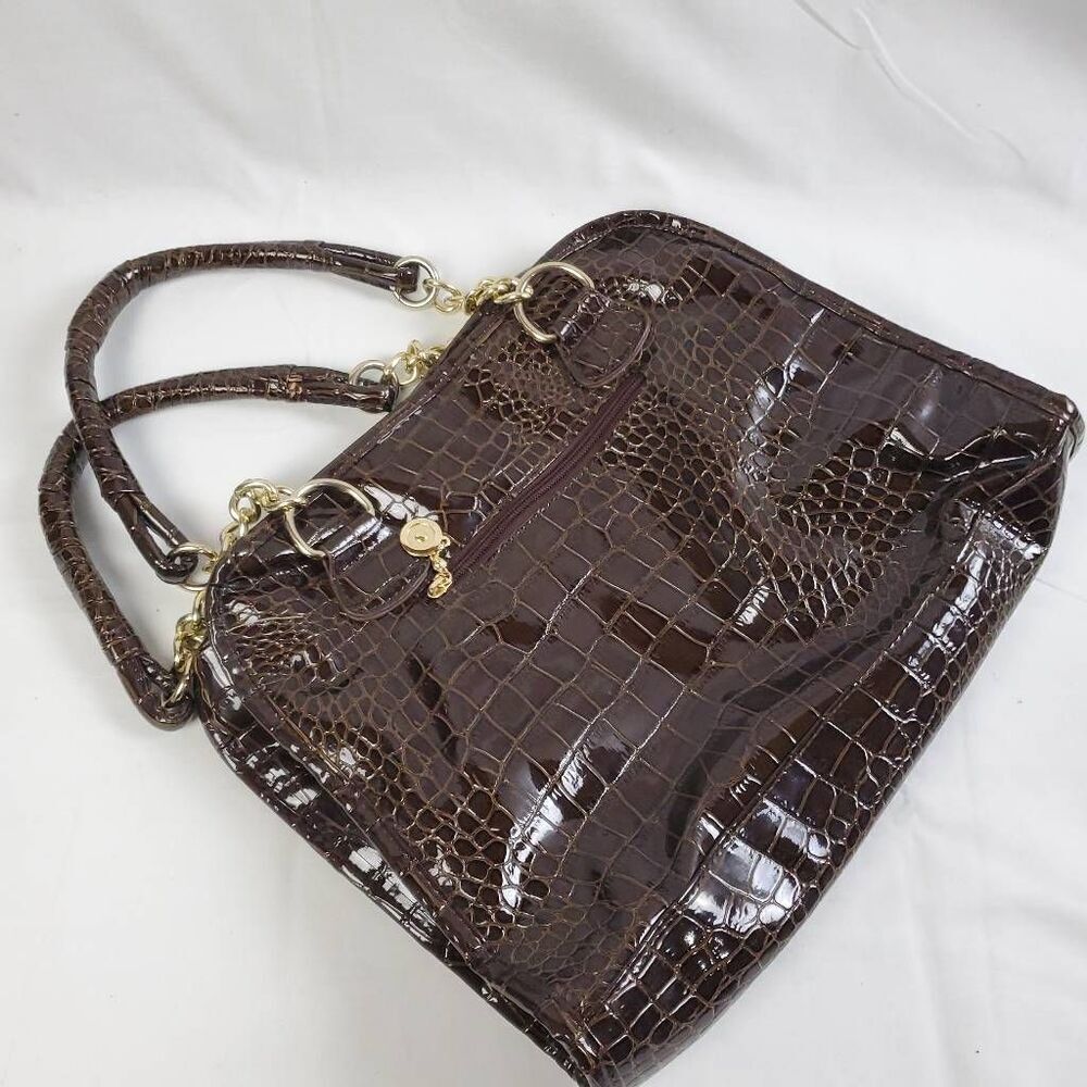 Brown Studded Faux Croc Tote Purse Gold Chain Handles Glam Satchel 13x11